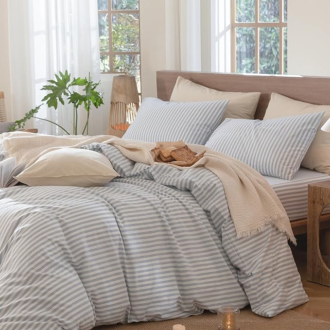 MooMee Striped Duvet Cover Set 100% Washed Cotton Linen Like Textured Breathable Durable Soft Comfy (Cornflower Blue White Classic Stripes, Palatial King/Oversized King 120"x98")