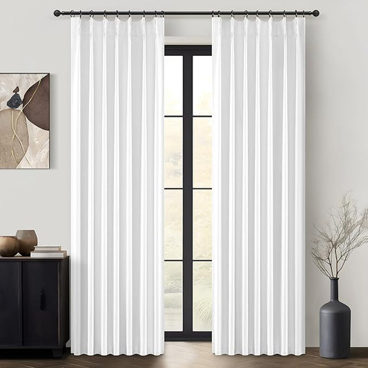 Solid White Blackout Varil Drapes 84 Inch Length 2 Panels Set for Bedroom, Modern Pinch Pleated Curtains Sun/Heart Block Privacy Linen Textured Living Room Window Curtains Hook Back Tab 7FT Decor Burg
