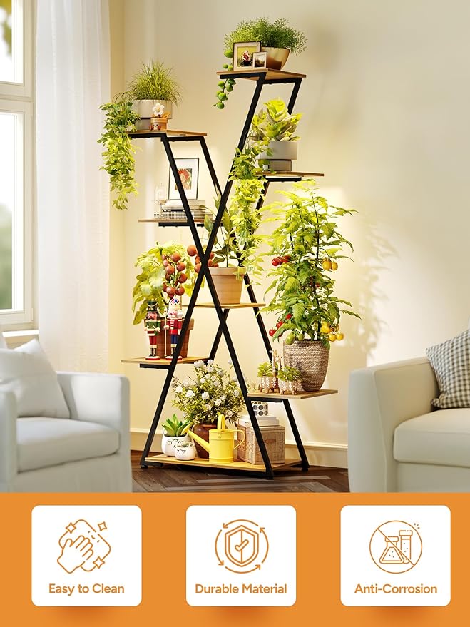 Lighted Plant Stand with Grow Lights – Tall Large Tiered Metal Corner Shelf Rack for Multiple Indoor Living Room Flower