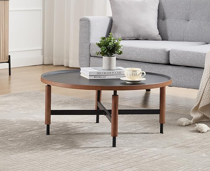 EALSON 31.25" Round Coffee Table Mid Century Modern Coffee Tables with Black Metal Legs/Wooden Top Circle Accent Center Table for Living Room Reception Apartment Office,Walnut