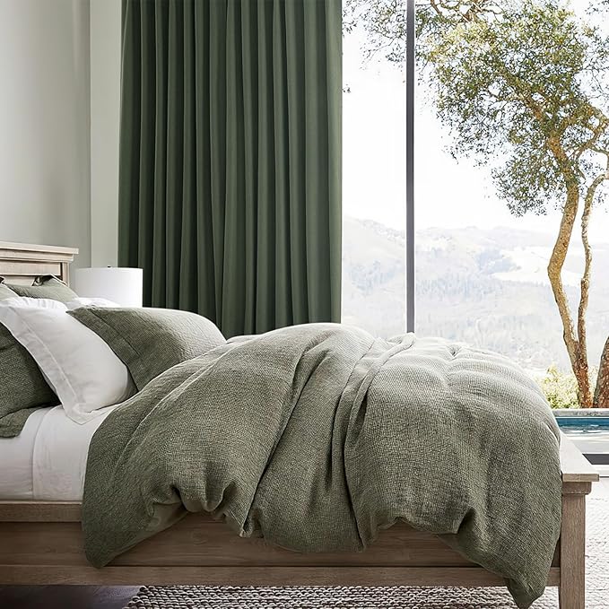 Dark Academia Decor Olive Green Textured Blackout Curtains Panels 108 Inches Lengh Large Window Extra Long Luxury Curtains for Living Room Flax Linen Drapes Pinch Pleated/Back Tab 9FT x2 Panels