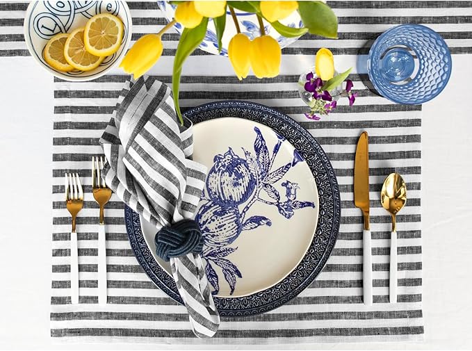 Solino Home Linen Placemats Set of 4 - Amalfi Stripe Black and White Placemats 14 x 19 Inch - 100% Pure Linen Place Mats for Fall, Autumn, Halloween, Thanksgiving