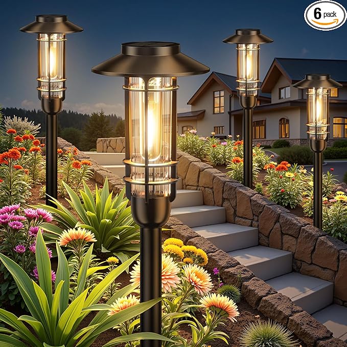 6 Pack Solar Pathway Lights Outdoor, Upgraded Bright Solar Powered Garden Light Outside, Waterproof Outdoor Lighting for Landscape Lawn Patio Yard Path Driveway Walkway Decor, Warm White
