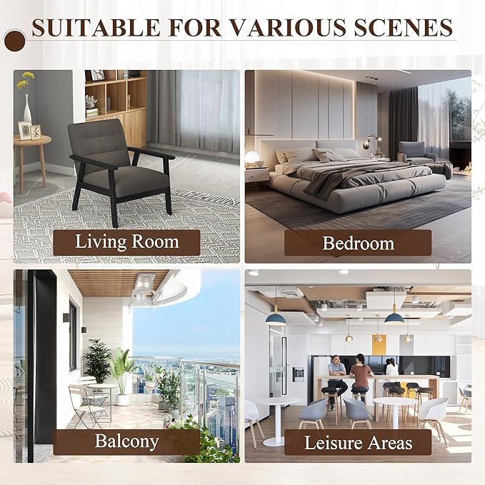 Westice Accent Chair 1PC, Mid-Century Modern Living Room Chairs with Solid Wood Frame & Soft Thicken Cushion, Upholstered Arm Reading Chair for Bedroom, Balcony, Grey Linen Fabric & Black Legs