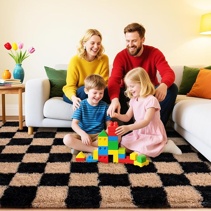 Checkered Rugs for Bedroom, Ultra Fluffy Fuzzy Shag Area Rug for Living Room 5x7, Modern Plush Soft Upgrade Non-Slip Carpet for Kids Girls and Boys Room Dorm Nursery Home Decor, Black and Beige