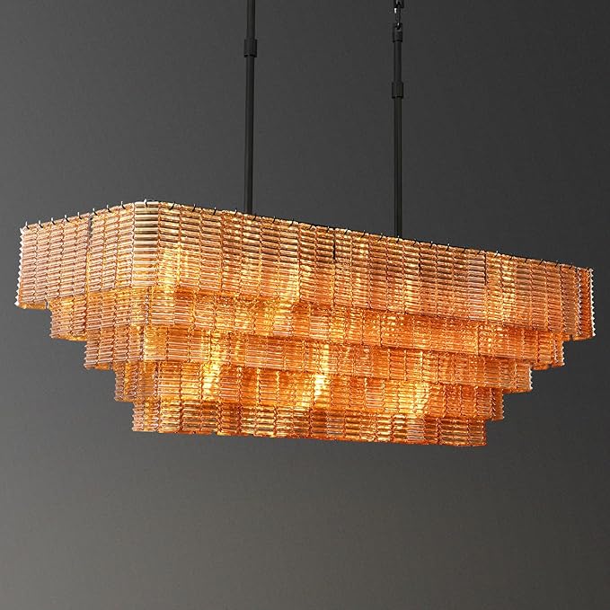 Rectangular Large Chandelier for Dining Room, 59" Black Pendant Light Fixture Over Kitchen Island, Linear Chandelier with Adjustable Height, Amber Glass Chandeliers for Dining Table & Living Room