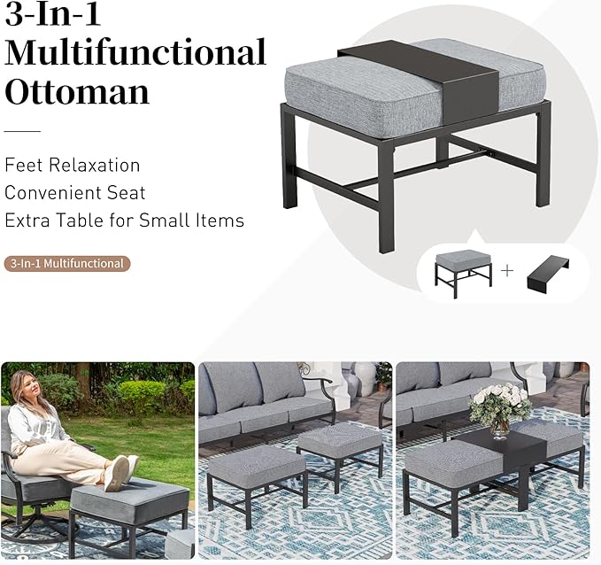 7 Piece Metal Outdoor Patio Furniture Set, Patio Conversation Sets 1 3-seater Sofa, 4 Fixed Chair, 2 Ottomans with 5.75" Thick Cushion, Black All-weather Frame Backyard Furniture, Gray