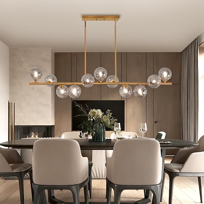 Dining Room Light Fixture, 55inch Modern Chandeliers for Dining room,11 Lights Gold Linear Chandelier with Gray Globe Glass Brass Sputnik Chandeliers over Table Large Pendant island Lights for Kitchen