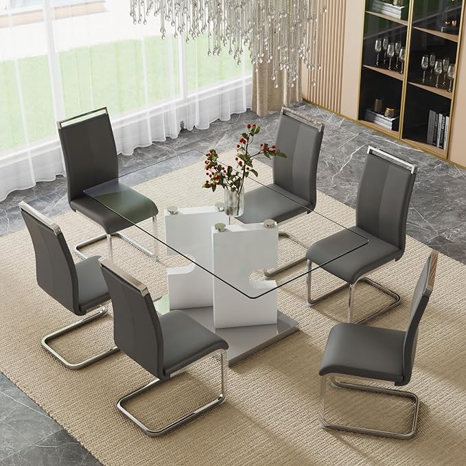 Glass Dining Table Set of 6, 63" Dinner Room Glass Table Set for 6, Modern Kitchen Dinner Table Set with 6 Upholstered Faux Leather Dining Chairs for Living Dining Office Room