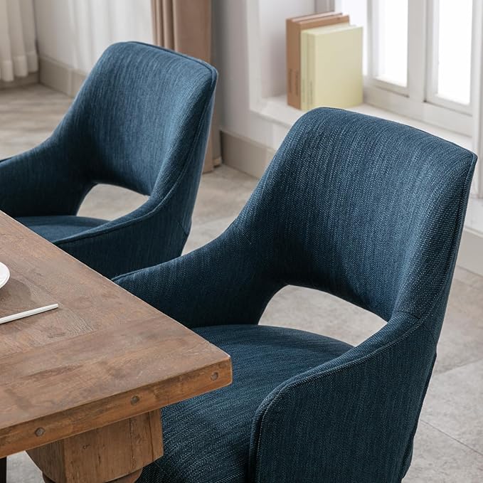 Farmhouse Dining Chairs Set of 2 Upholstered Linen Kitchen Chairs Accent Side Chair with Solid Wood Legs/Armrest for Living Room/Dining Room/Bedroom/Restaurant, Blue