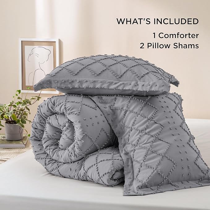 Bedsure California King Comforter Set - Grey Comforter, Boho Tufted Shabby Chic Bedding for Kids, 3 Pieces Vintage Farmhouse Bed Set for All Seasons, Fluffy Soft Bedding with 2 Pillow Shams