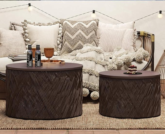 chairus Nesting Coffee Table Set of 2 Woven Round Coffee Table with Storage Solid Wood Side Table for Small Spaces, Living Room, Bedroom, Office, Dark Brown