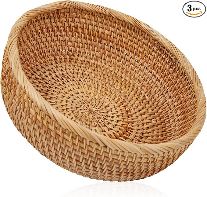 Natural Rattan Round Fruit Basket Bowls, Hand Woven Decor Serving Baskets, Wicker Storage for Dinning Room (Round-Medium)