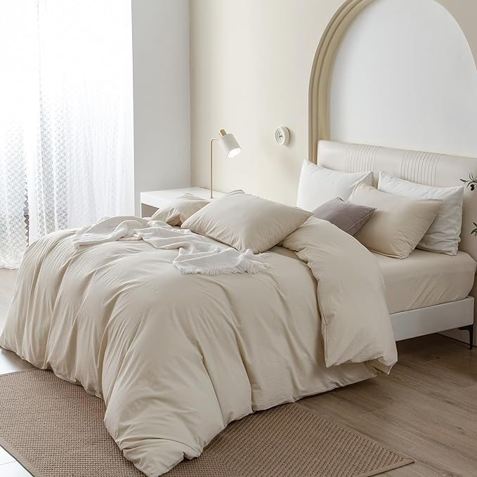 JIYUAN 100% Washed Cotton Duvet Cover Set 3 Pieces Super Queen, 1 Duvet Cover 90x98 Inches(Comforter Not Included) and 2 Pillowcases,Linen Feel Bedding Set Comfy and Breathable,Heathered Beige