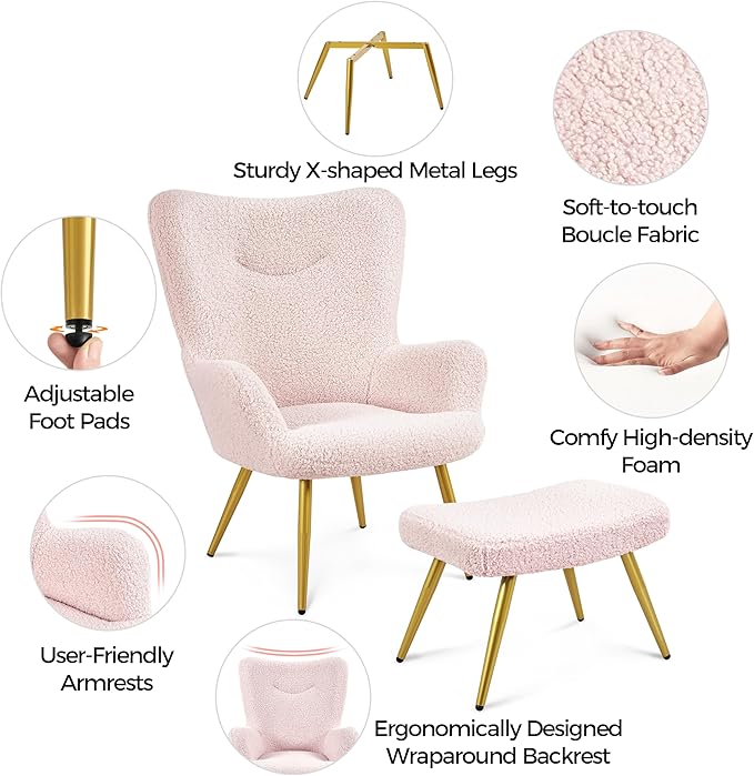Yaheetech Accent Chair with Ottoman, Boucle Fabric Armchair Footstool, Modern and Cozy Vanity Chair with Golden Legs for Living Room, Lounge, Makeup Room, Bedroom, Pink