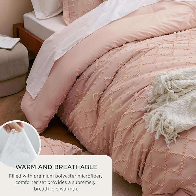 Bedsure California King Comforter Set - Coral Pink Comforter, Boho Tufted Shabby Chic Bedding for Kids, 3 Pieces Vintage Farmhouse Bed Set for All Seasons, Fluffy Soft Bedding with 2 Pillow Shams