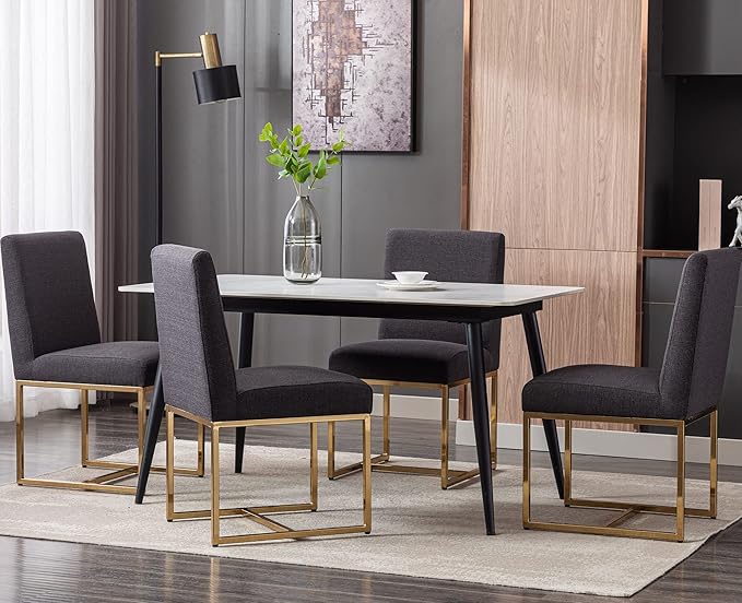 VESCASA Linen Upholstered Dining Chairs Set of 4, Mid Century Modern Padded Chair with Gold Metal Frame for Restaurant, Dining Room, Kitchen, Charcoal