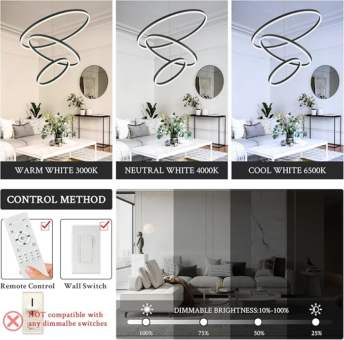3-Rings Modern LED Chandelier Black, Dimmable Pendant Lighting with Remote Control Circular Flush Mount High Ceiling Light for Living Room Dining Room Foyer, 3000K-6500K D31.5’’