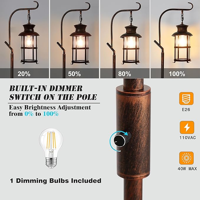 Vintage Dimmable Floor Lamp with matel Table,Classical Lanterns Standing Lamp, Rustic Farmhouse Floor Lamp with Red Copper Finish, for Living Room Bedroom