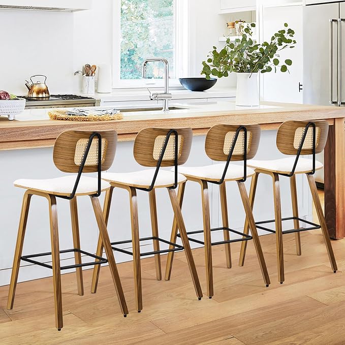 Counter Height Bar Stools Set of 3, Mid Century Modern Counter Stools, 26" Wood Kitchen Stool Boucle Fabric Upholstered Barstool with Rattan Back, Counter Height Island Dining Bar Chair, White