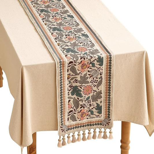 Designer Bohemian Linen Table Runner 87 Inches Long,Elegant Lotus Flowers Pattern Decor Table Runners for Dining Tables,Thanksgiving,Kitchen Tables,Christmas,12"*87"-Hazel A