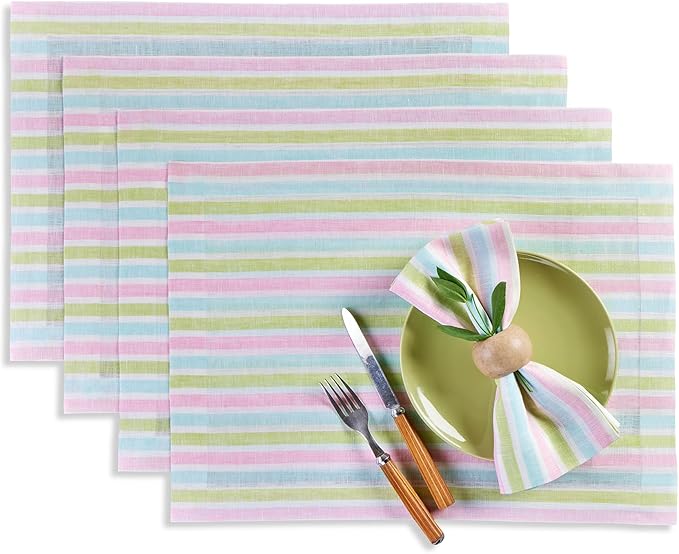 Solino Home Linen Cloth Placemats Set of 4-100% Pure Linen Multicolor Palm Beach Stripe Farmhouse Placemats 14 x 19 Inch