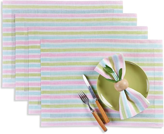Solino Home Linen Cloth Placemats Set of 4-100% Pure Linen Multicolor Palm Beach Stripe Farmhouse Placemats 14 x 19 Inch