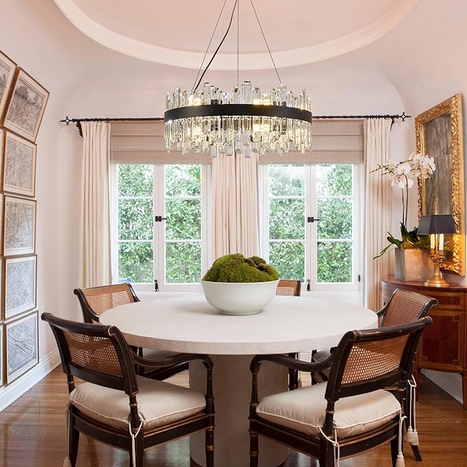 Round Crystal Chandeliers, D23.6 inch 12-Light Black Chandelier Lighting Fixture, Height Adjustable Pendant Ceiling Light for Living Room Dining Room Bedroom