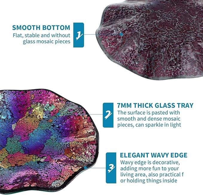 MDLUU Mosaic Centerpiece Tray, 11.6" Decorative Glass Plate, Home Decor Glass Bowl for Dining Room Table, Coffee Table, Gift (Multicolored Purple)