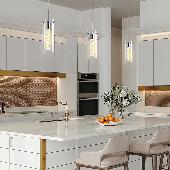 Pendant Ceiling Light Fixture - LED Crystal Pendant Lights for Kitchen Island, Modern Island Light with Bubble Glass - 3 Pack