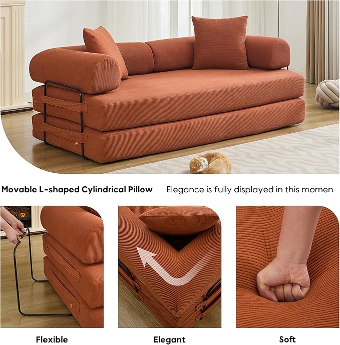 Convertible Sleeper Sofa Bed with Cylindrical Pillow, Corduroy Folding Mattress Couch with Fixed-Shape Frame, Floor Sofa Lounge Couch for Living Room Bedroom Lounge Studio, Orange