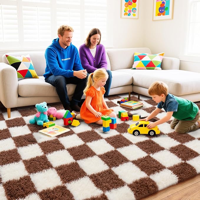 Checkered Rugs for Bedroom, Ultra Fluffy Fuzzy Shag Area Rug for Living Room 5x7, Modern Plush Soft Upgrade Non-Slip Carpet for Kid Girls and Boys Room Dorm Nursery Home Decor, Cream and Coffee