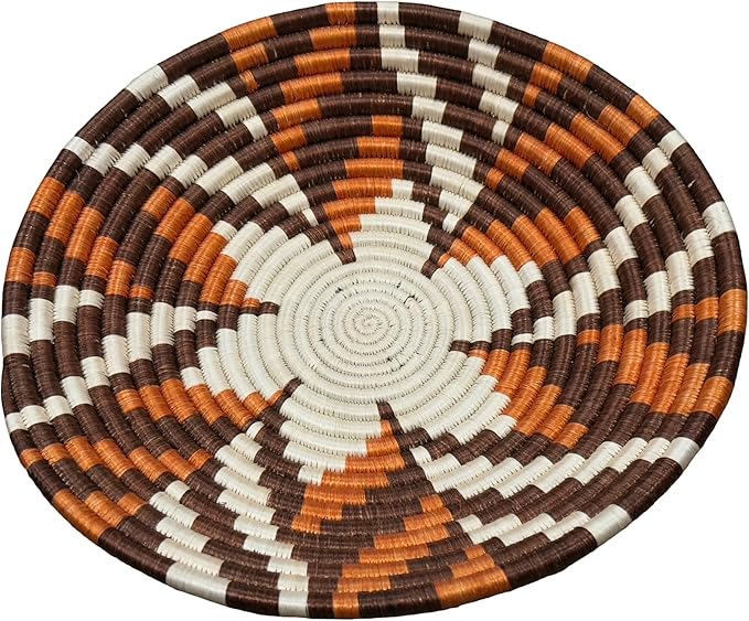 Handwoven African Basket Handmade sisal Fruit Bowl Wall Hanging decorative Baskets for Home Living Room Kitchen Centerpiece Zen Designs Arts and Crafts (Dark Brown Orange White, 12in diameter)