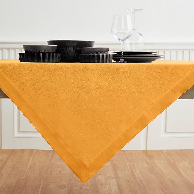Solino Home Linen Tablecloth 52 x 52 Inch - 100% Pure Linen Tangerine Yellow Square Tablecloth - Fete, Machine Washable Table Throw for Fall, Autumn