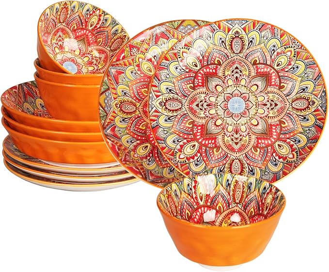 YA JU Mandala Dinnerware Sets (12 Pcs) Serves 4, Buffet Dinnerware, Boho Plates and Bowls Dish Set with 8" salad Plate 8" Dessert Plate 4.8" bowl, apply Casual dining Indoor Outdoor Dining Party