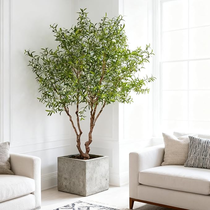 Fake Tree Faux Olive Tree Artificial Olive Trees 8 Feet Plus Branch Realistic Potted Silk Indoor Large Fruit for Home Offices, Living Rooms, Bedrooms, Stairs and Foyer Decor