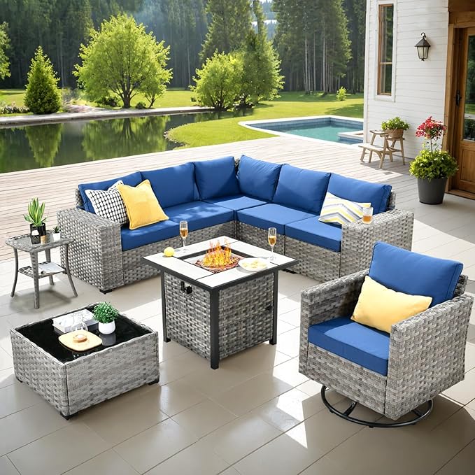 ovios 9 Pieces Patio Furniture Set, Outdoor Wicker Sectional Sofa with 30" Fire Pit Table Swivel Chair, Modern Modular Deep Seat Rattan Couch Conversation Sets, Navy Blue