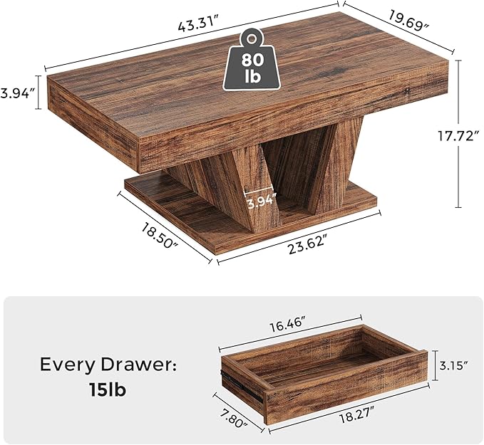 Farmhouse Coffee Table with 2 Side Drawers, 43 inch Wood Center Tea Table with Hidden Storage, Rectangle Cocktail Table for Living Room, Office, Small Space, Brown