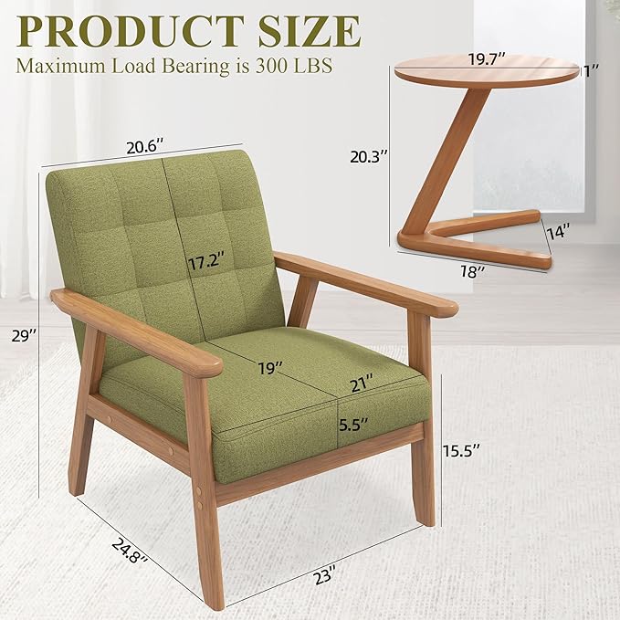 Westice Accent Chairs Set of 2 with Side Table, Mid-Century Modern Leisure Chairs with Coffee Table, Retro Wood Armchair, Comfy Lounge Side Chair for Living Room, Bedroom, Green Linen & Natural Frame