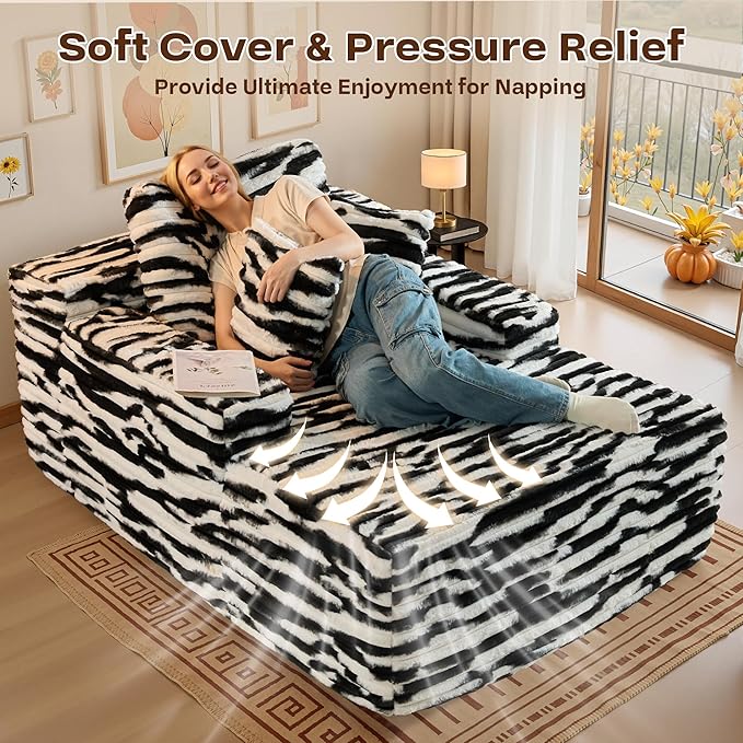 Chaise Lounge Chair Indoor, Oversized Sleeping Couch 67" L * 48.5" W Assembly Free Modern Minimalist Sofa, Extra Deep Large Single Seat Sofa for Living Room (Black&White Plush)