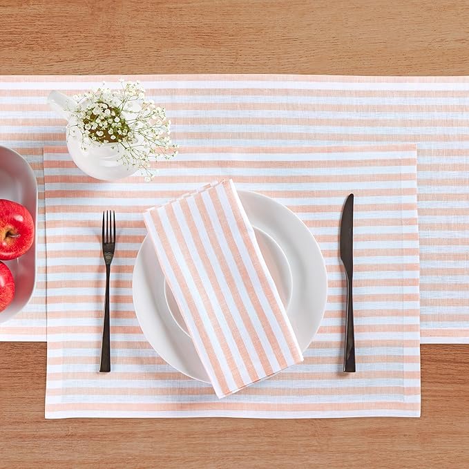 Solino Home Linen Cloth Placemats Set of 4 - Amalfi Stripe 100% Pure Linen Coral and White Farmhouse Placemats 14 x 19 Inch
