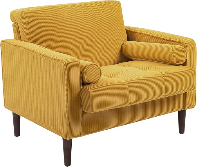 UIXE Accent Chair, Corduroy Upholstered Arm Chairs for Living Room, Comfy Armchair Mid-Century Track Armrest Single Sofa Bedroom Reading Seat with 2 Bolster Pillows - Yellow, Set of 1