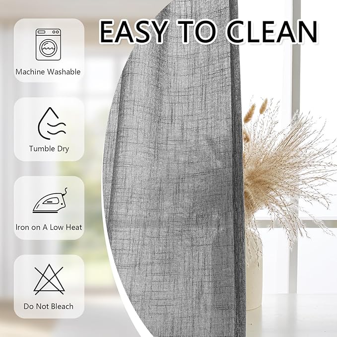 MYSKY HOME Living Room Curtains Dark Grey Semi Sheer Light Filtering Privacy Drapes Linen Look Textured Farmhouse Style, Pinch Pleated Curtain for Sliding Glass Door, 40" x 102", Dark Grey, 2 Panels