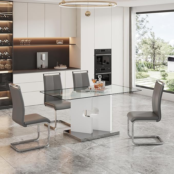 Glass Dining Table Set of 4, 63" Dinner Room Glass Table Set for 4, Modern Kitchen Dinner Table Set with 4 Upholstered Faux Leather Dining Chairs for Living Dining Office Room