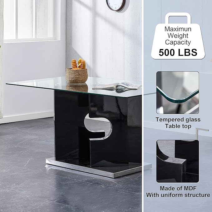 Glass Dining Table Set for 4,5 Piece Dining Table Set, Tempered Glass Table Top and Modern Design MDF Base with 4 PU Leather Ergonomic Dining Chairs