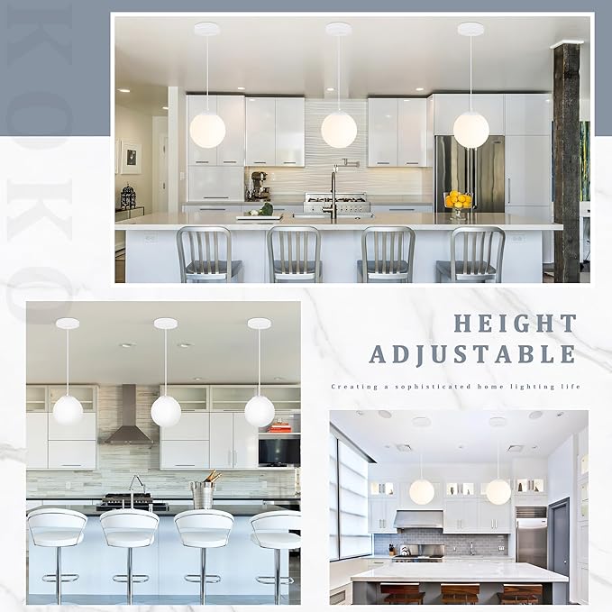 KoKo&Yukina 8 Inch Globe Pendant Light White Globe Pendant Lights Kitchen Island Mid Century Light Fixture with Milky White Glass Shade Adjustable Cluster Lights for Dining Room Living Room