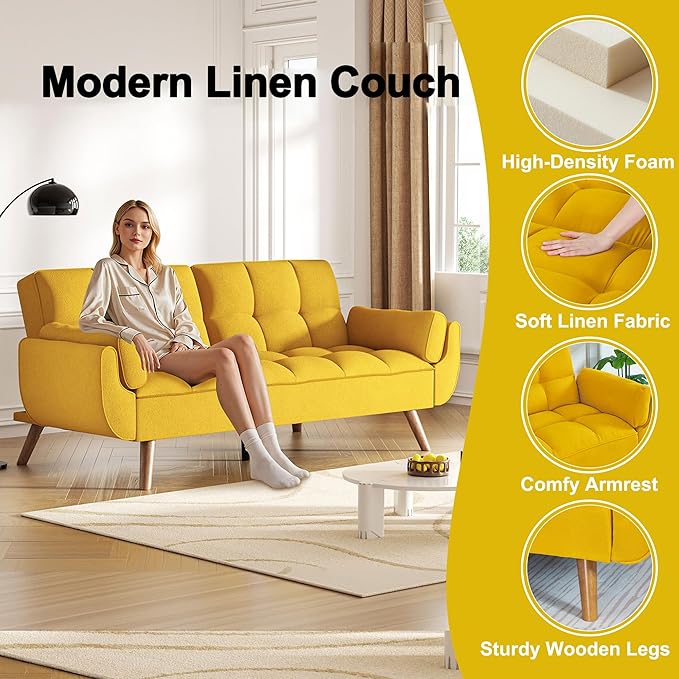 Futon Couch for Small Spaces & Apartment, 2-in-1Modern Comfy Loveseat Convertible Sofa Bed, 75.4-Inch Compact Design for Living Room, Dorms, and Studios-Yellow