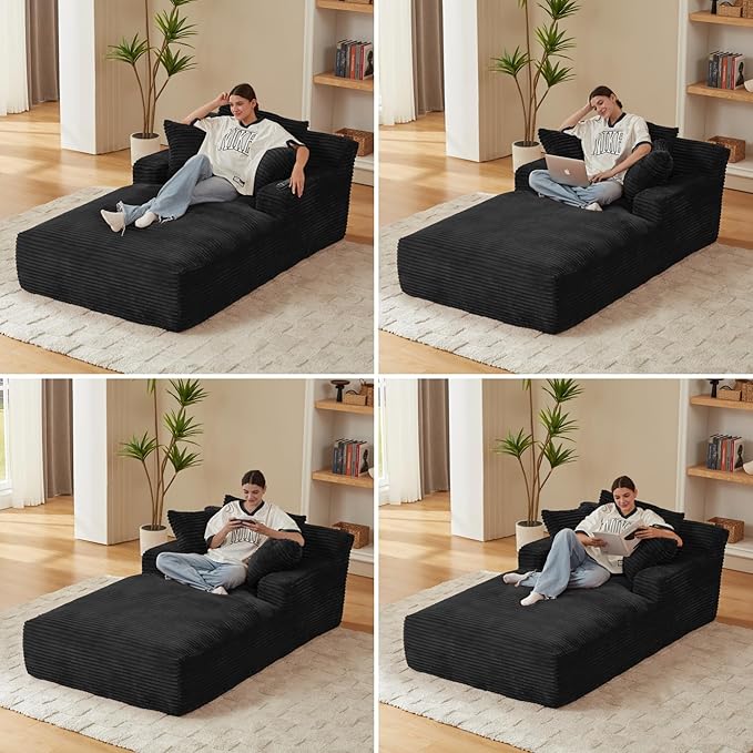 78.7” Chaise Lounge Chair Indoor, Corduroy Upholstered Boneless Sofa Bed with Throw Pillows, Comfy Lounge Sleeper Sofa with Deap Seat for Living Room Bedroom, No Assembly Required, Black