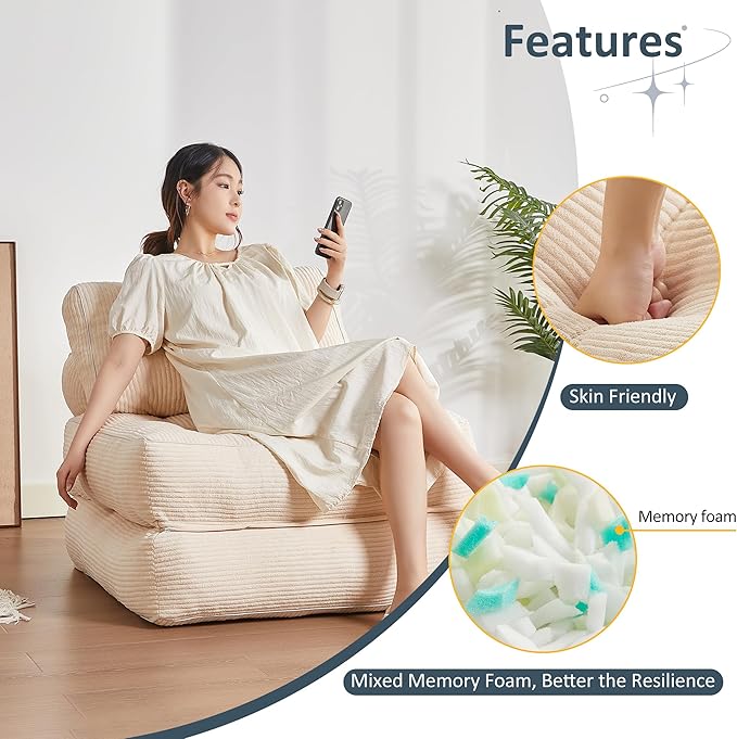 Folding Chair Bed, Futon Sofa, Floor Couch for Adults Chair for Living Room, Lounge Sofa, Convertible Sofa Bed, Small Couches for Small Spaces, Beige