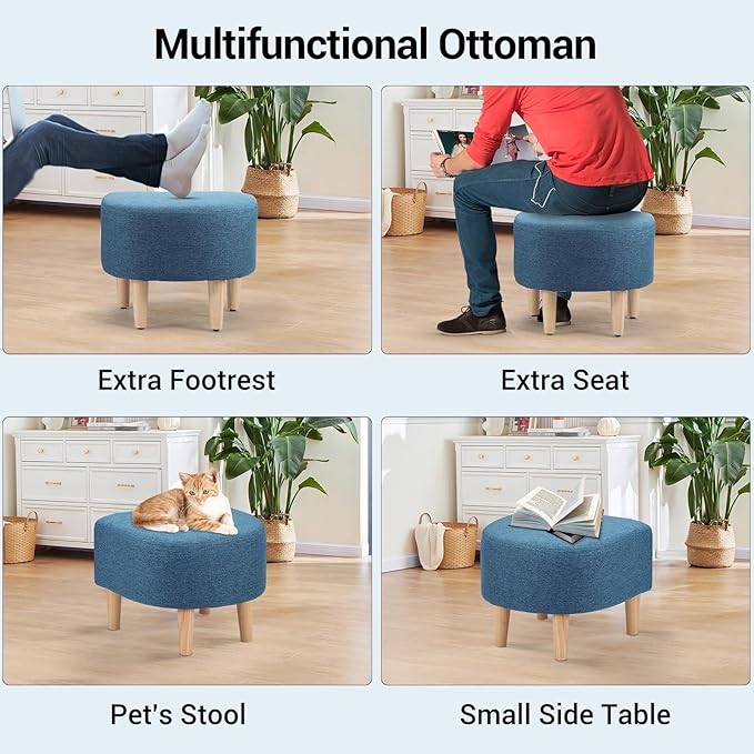DAZONE Accent Chairs Set of 2, Blue Barrel Chair with Ottoman, Comfy Armchair for Small Spaces, 360° Modern Fabric Lounge Chair for Living Room, Bedroom, Reading Nook, Home Office